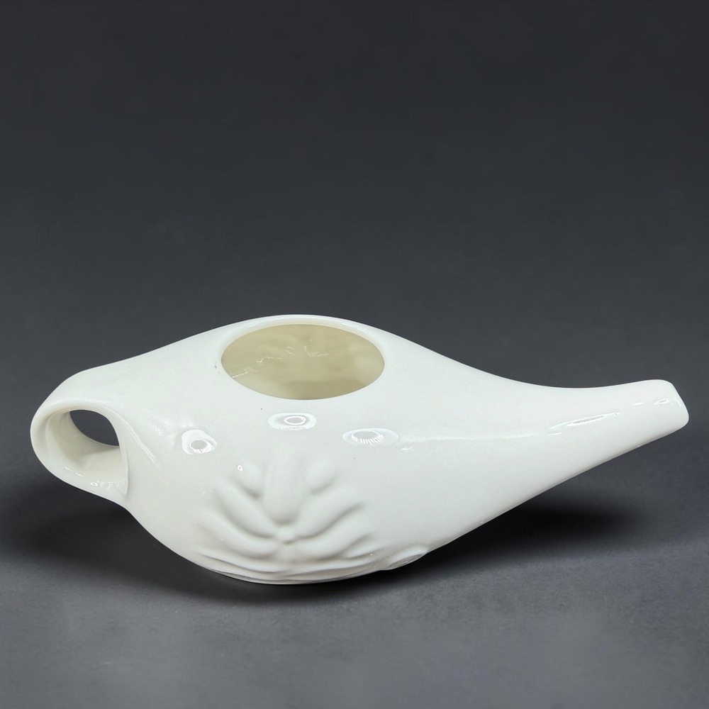 Himalayan Institute Varcho Veda Ceramic Neti Pot White Lotus‎ Flower Design 7in